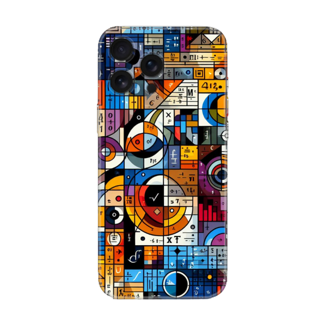 Renkli geometrik desenli iPhone telefon kılıfı, matematik ve grafik motifleriyle
