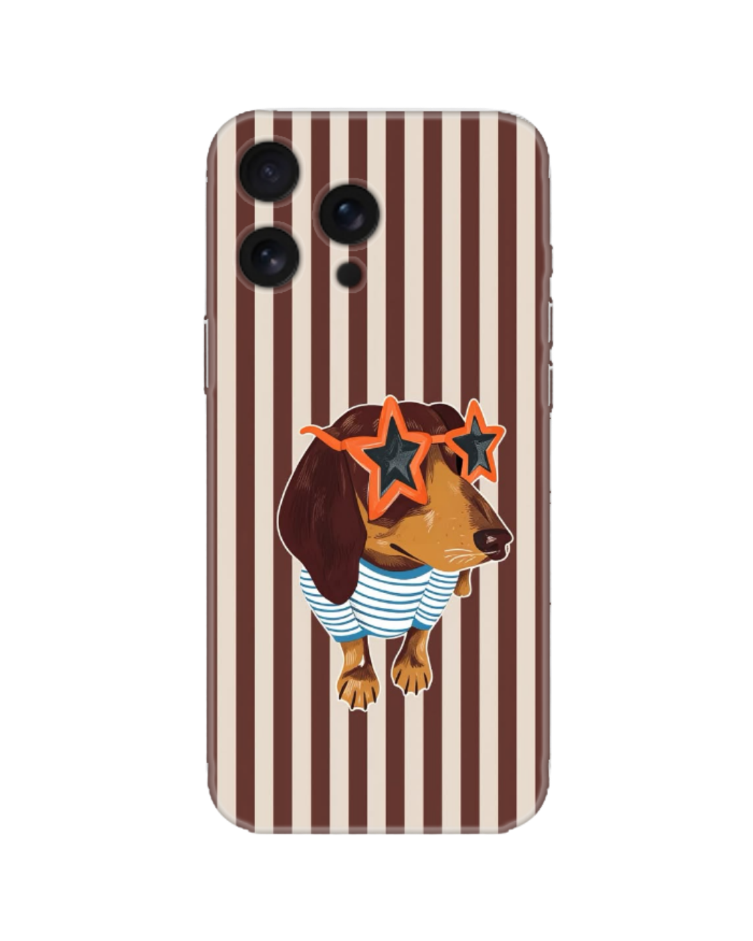 Kahverengi Çizgili Zemin Yıldız Gözlüklü Dachshund Köpek Desenli Telefon Kılıfı (Android/IOS Uyumlu)