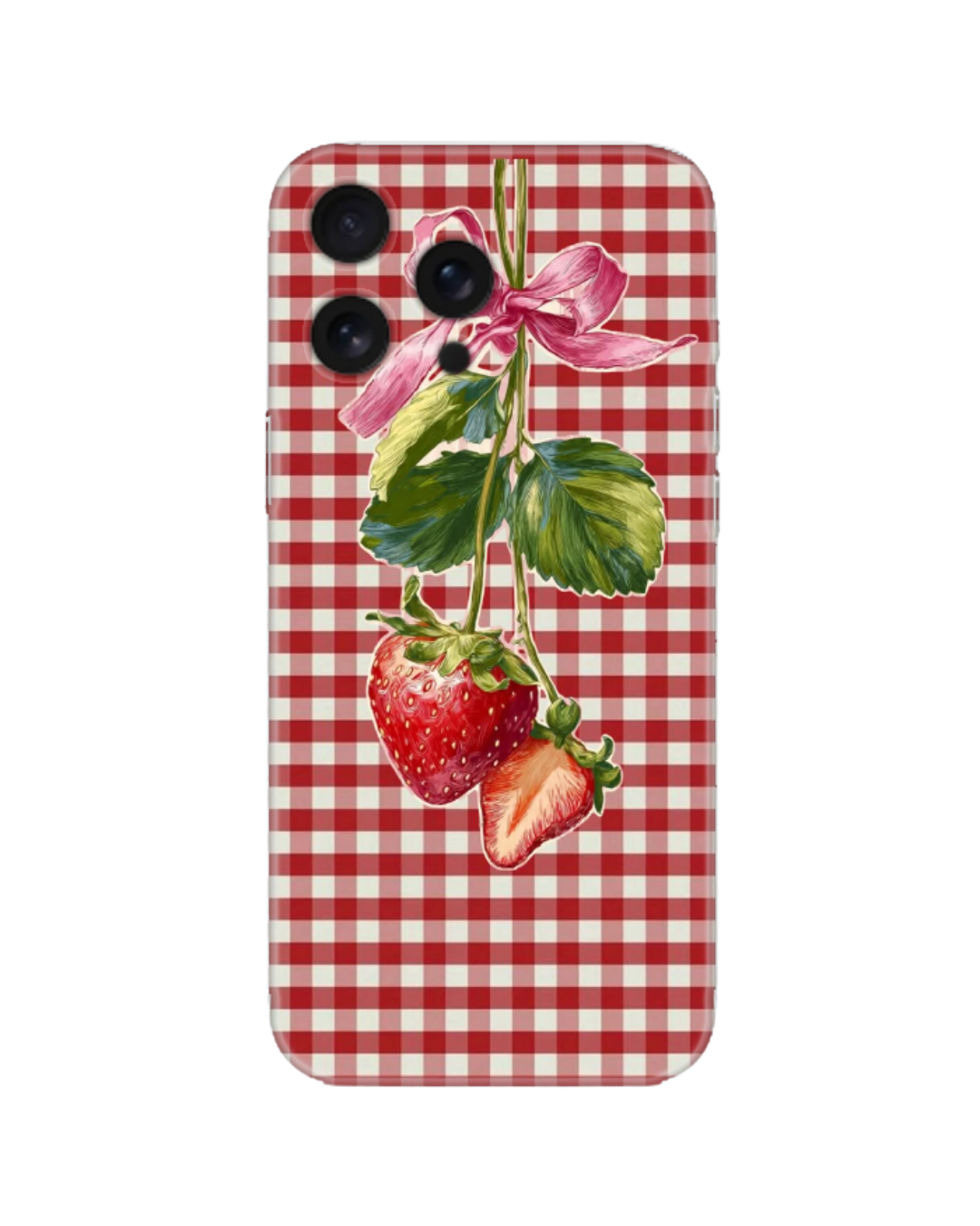 Kırmızı Beyaz Damalı Zemin Çilek ve Fiyonk Baskılı Telefon Kılıfı (Android/IOS Uyumlu)
