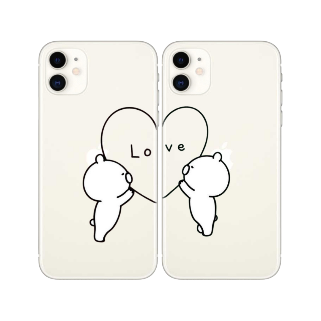 Sevgiliye özel, kalpli ve ayıcık desenli iPhone şeffaf telefon kılıfı seti