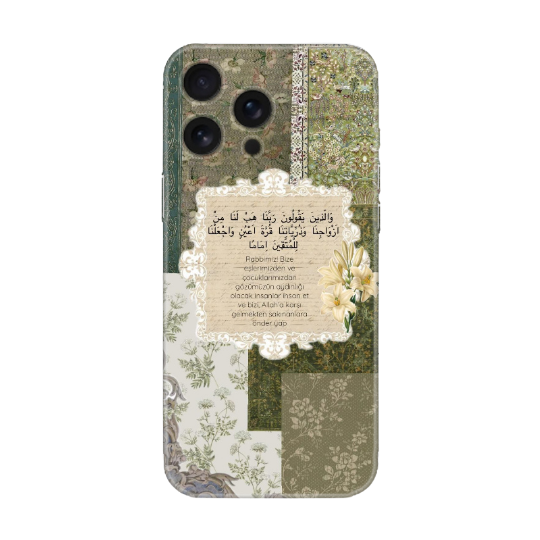 Çiçek desenli, Arapça ve Türkçe dua yazılı yeşil iPhone telefon kılıfı