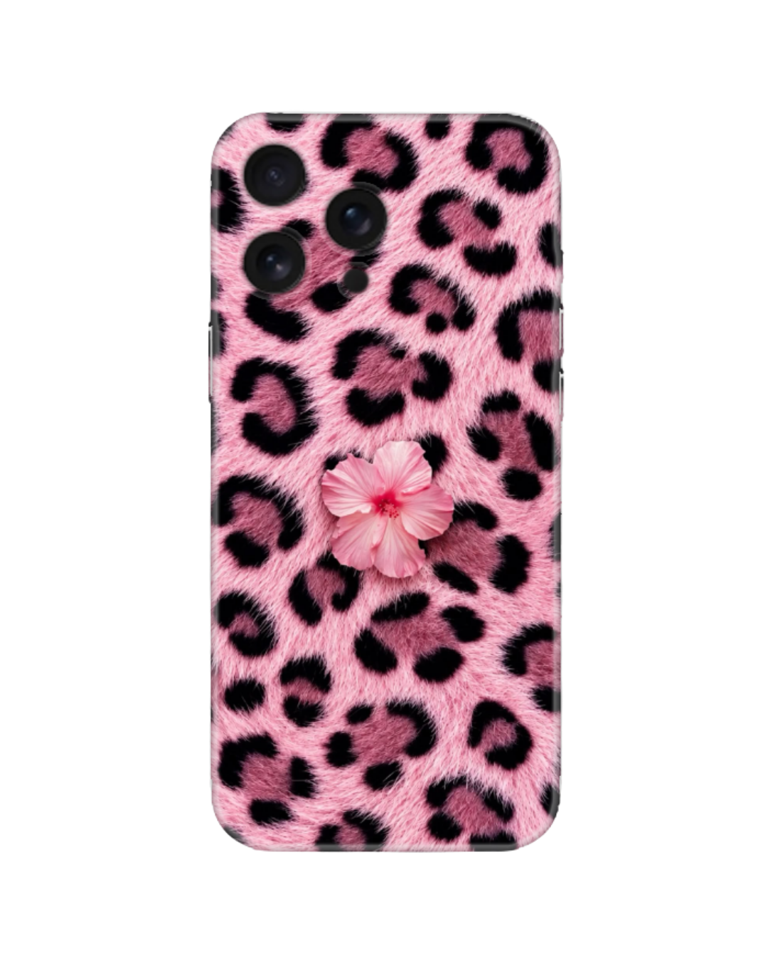 Pembe Peluş Leopar Desenli ve Çiçek Motifli Telefon Kılıfı (Android/IOS Uyumlu)