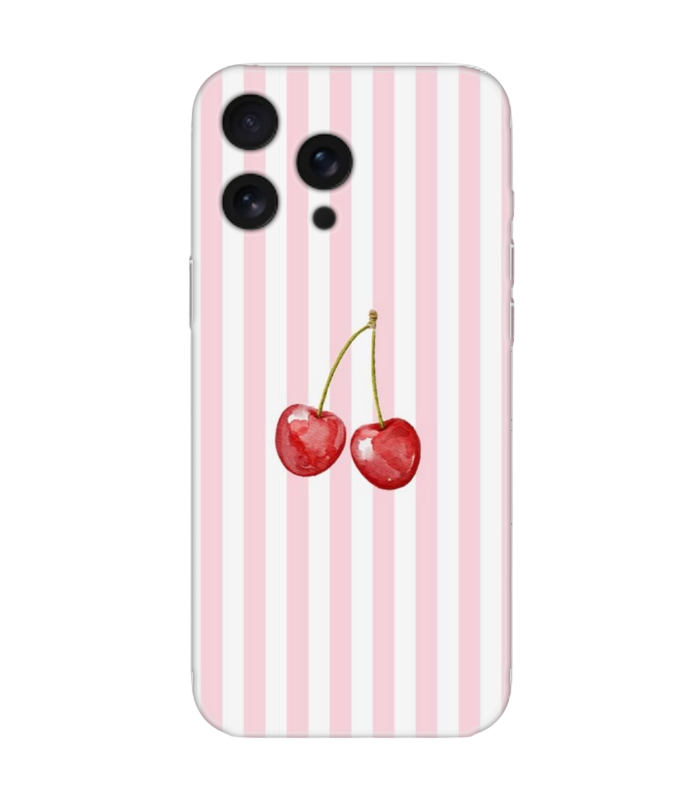 Minimalist Pembe Beyaz Çizgili Kirazlı Tasarım Telefon Kılıfı (Android/IOS Uyumlu)