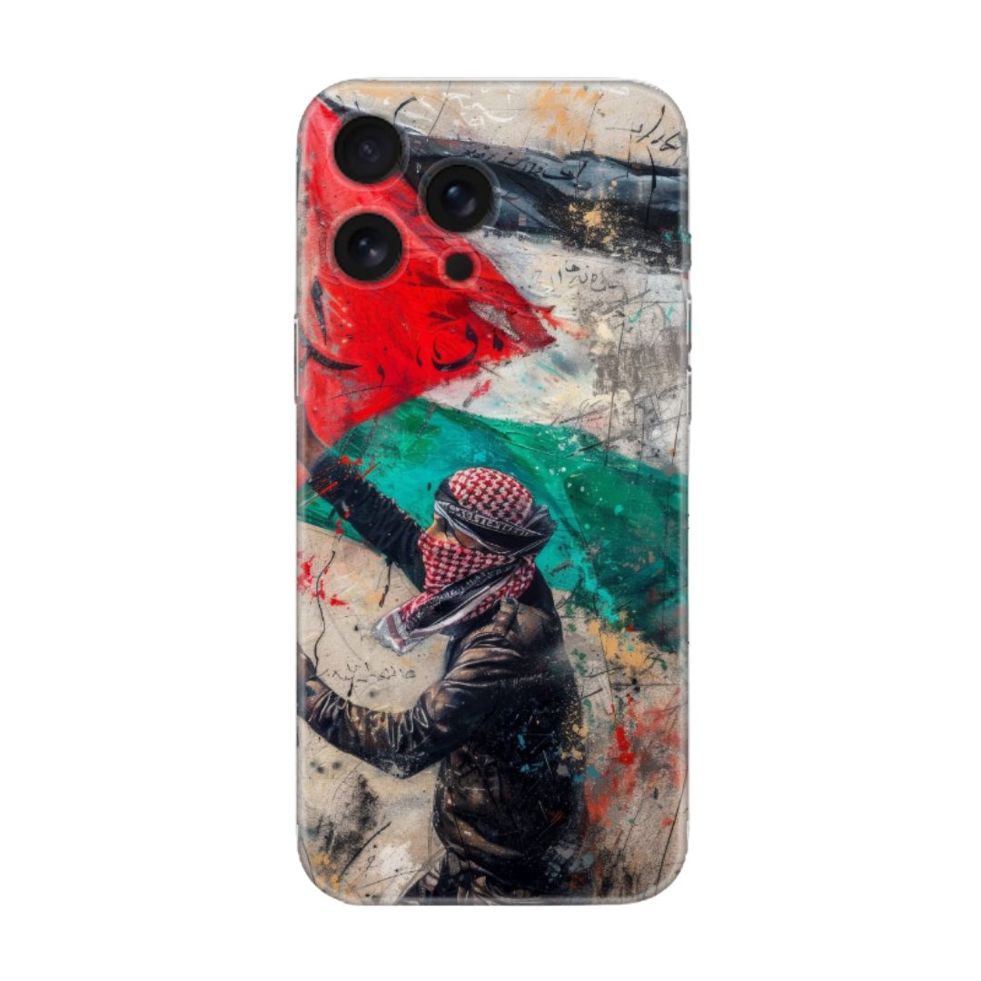 Filistin Bayraklı ve Kefiyeli Figür Graffiti Tasarımlı Telefon Kılı (iPhone/Android Uyumlu)