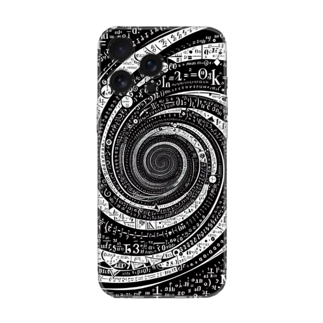 Siyah beyaz matematiksel formüllerle süslü spiral desenli telefon kılıfı
