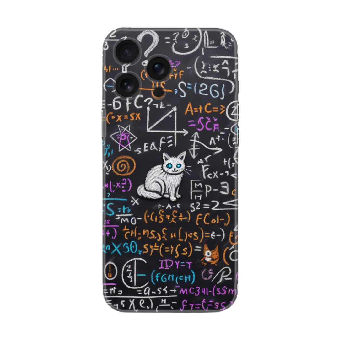 Üzerinde renkli matematiksel formüller ve kedi illüstrasyonu olan telefon kılıfı