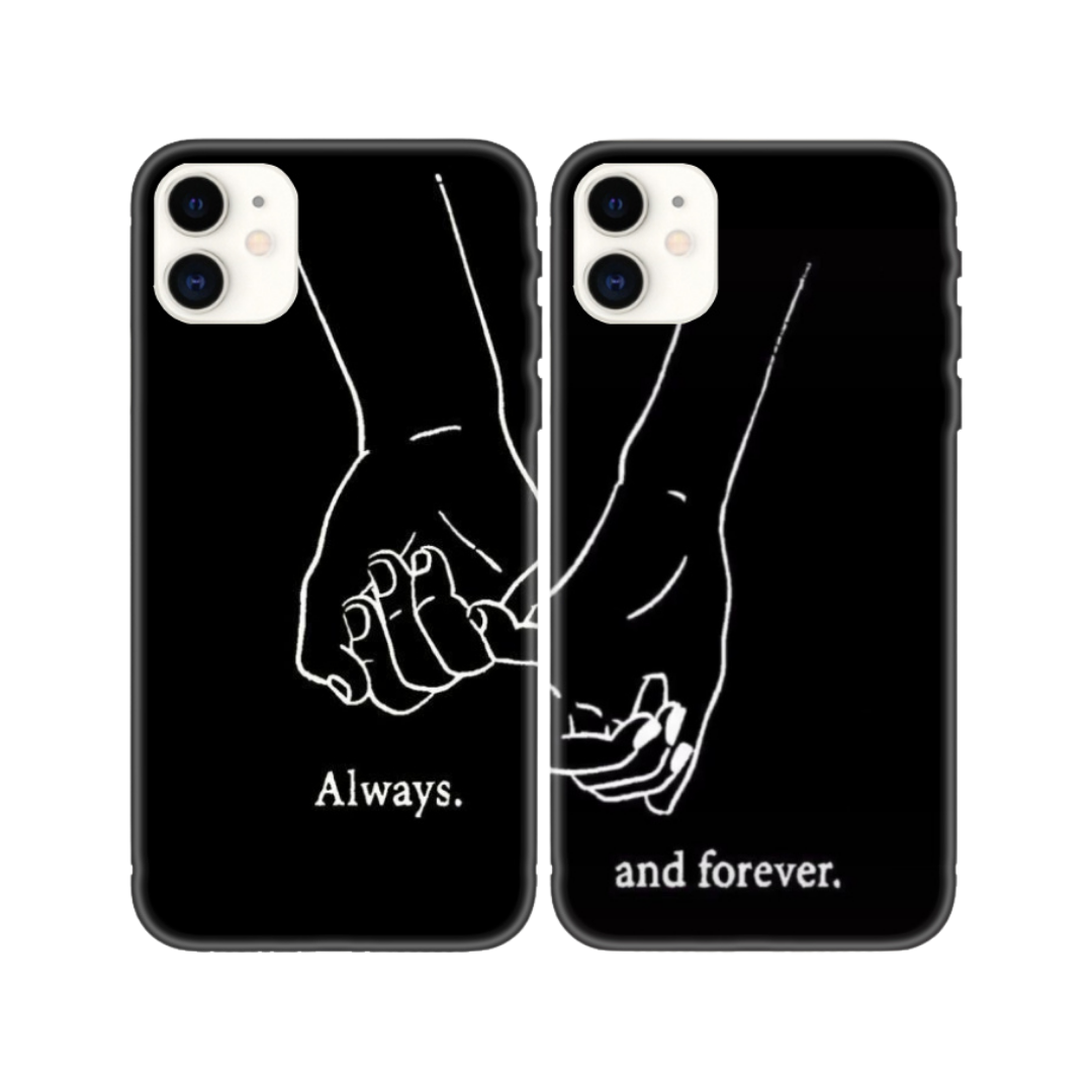 Siyah arka planlı, pembe parmak tutuşan çift desenli iPhone telefon kılıfları.