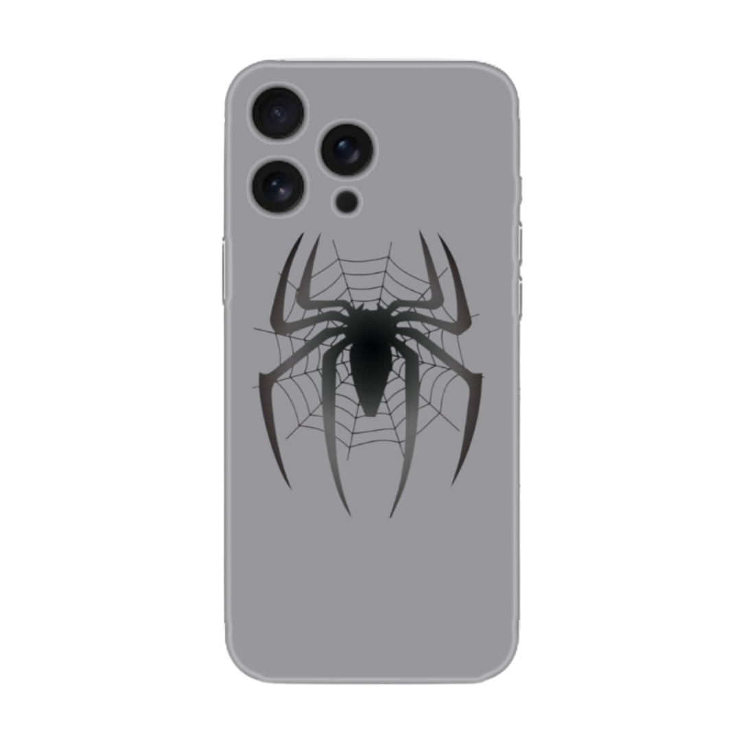 Gri arka planda siyah örümcek ve ağ desenli telefon kılıfı