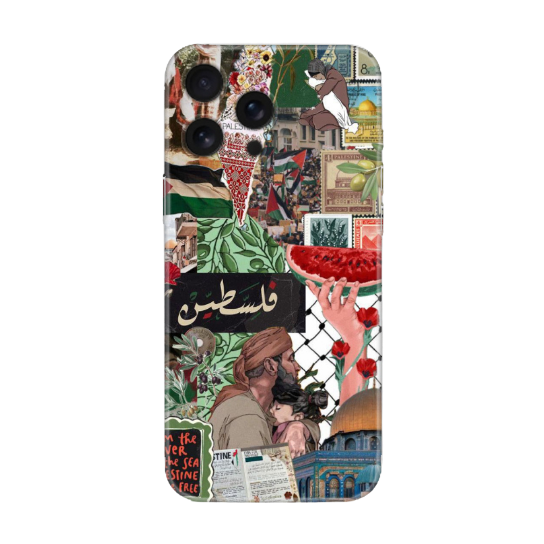 Sanatsal Filistin temalı iPhone telefon kılıfı, desenli ve renkli tasarım.