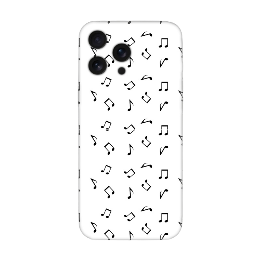 Beyaz zeminli müzik notaları desenli telefon kılıfı, iPhone uyumlu şık tasarım