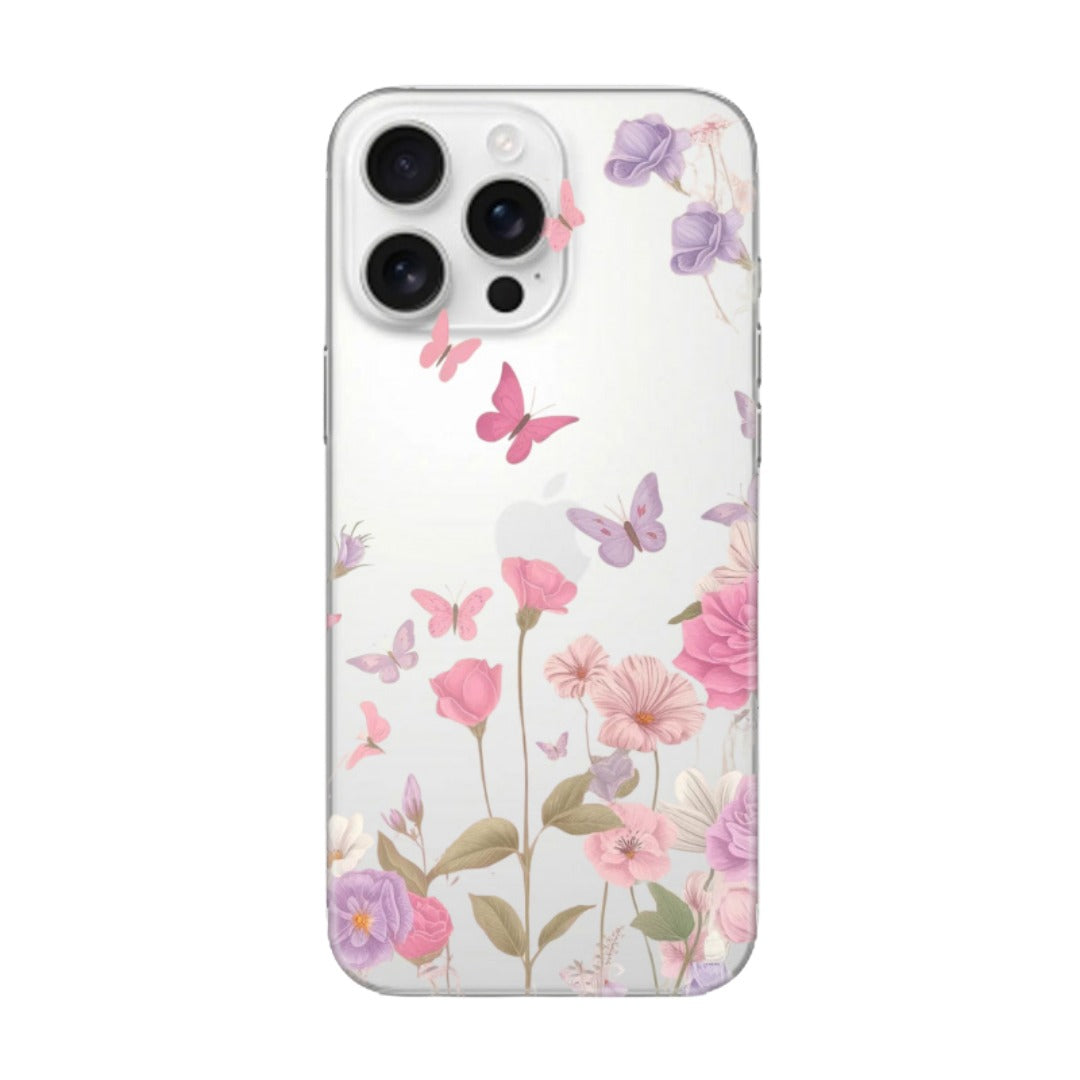 Çiçek desenli, kelebekli şeffaf iPhone telefon kılıfı, renkli ve zarif tasarım.