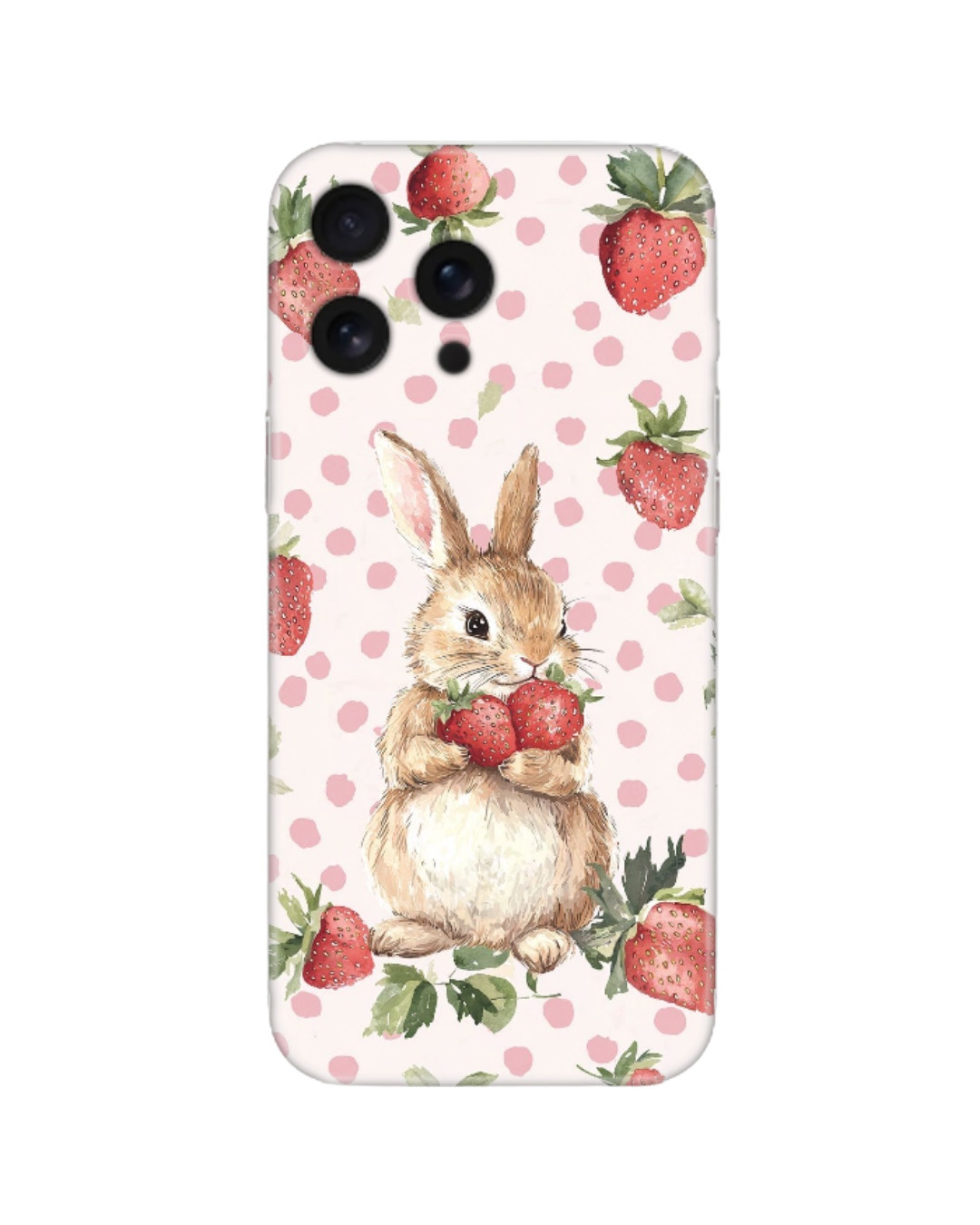 Pembe Puantiyeli Zemin Çilek Tutan Tavşan Desenli Telefon Kılıfı (Android/IOS Uyumlu)