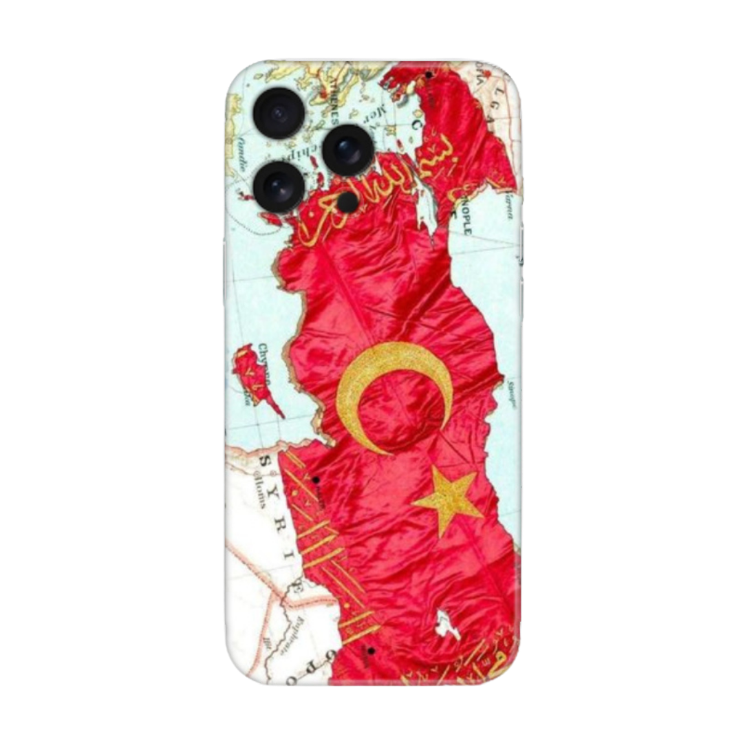 Harita üzerinde Türk bayrağı desenli, modern ve şık telefon kılıfı