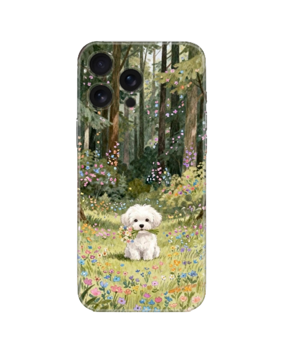 Çiçekli Ormanda Beyaz Sevimli Köpek Baskılı Telefon Kılıfı (Android/IOS Uyumlu)