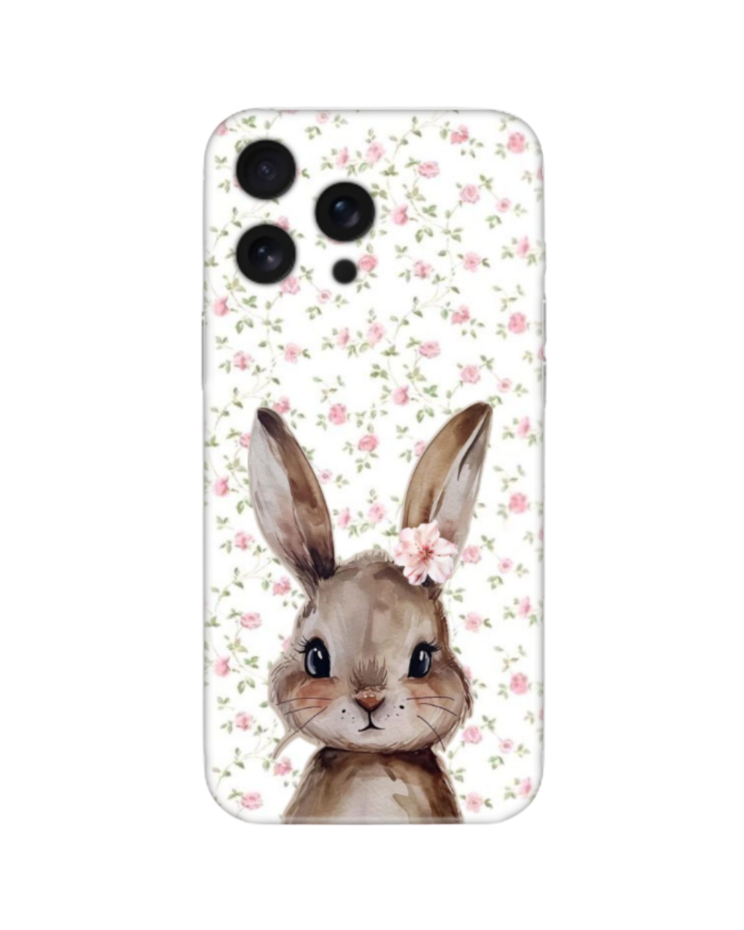 Pembe Minik Çiçek Desenli Sevimli Tavşan Baskılı Telefon Kılıfı (Android/IOS Uyumlu)