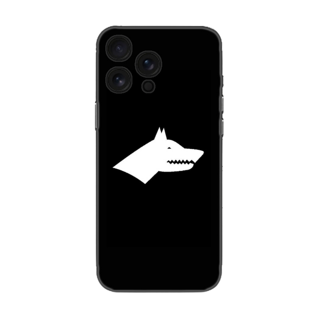 Siyah arka fonda beyaz kurt başı desenli telefon kılıfı, modern ve şık tasarım