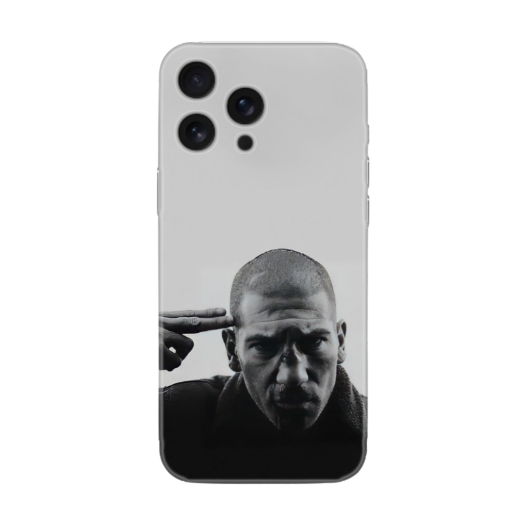 Siyah beyaz baskılı, erkek portreli modern telefon kılıfı tasarımı