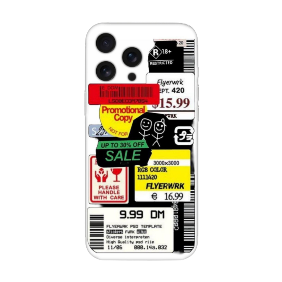 Sticker baskılı, etiket detaylı renkli telefon kılıfı, modern ve eğlenceli tasarım