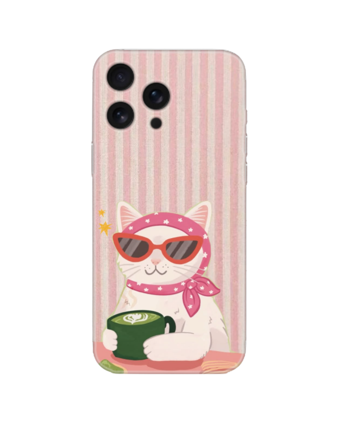 Retro Y2K Tarzı Pembe Çizgili Gözlüklü Kedi Tasarım Telefon Kılıfı (Android/IOS Uyumlu)