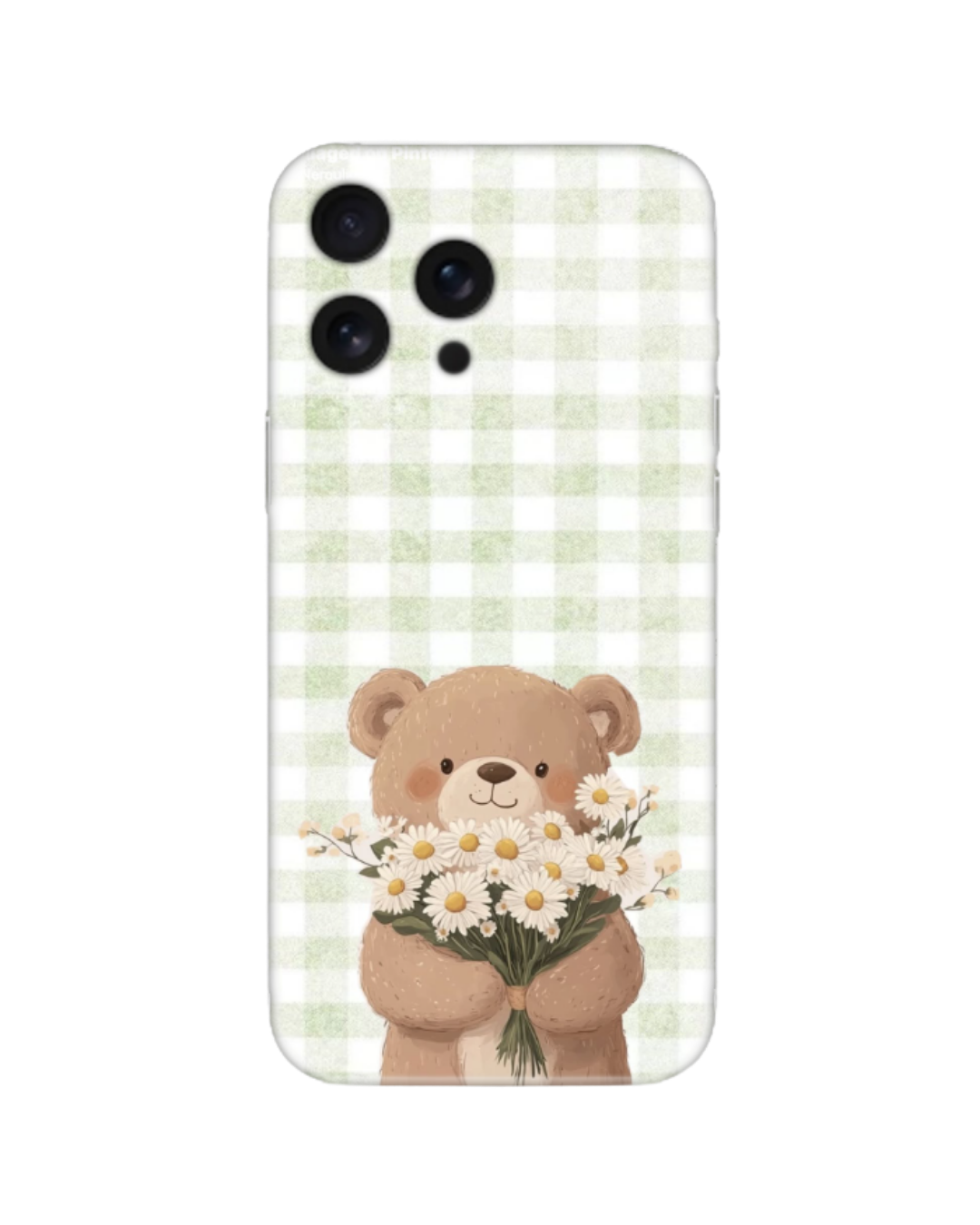 Cottagecore Tarzı Pötikareli Papatyalı Teddy Bear Tasarım Telefon Kılıfı (Android/IOS Uyumlu)