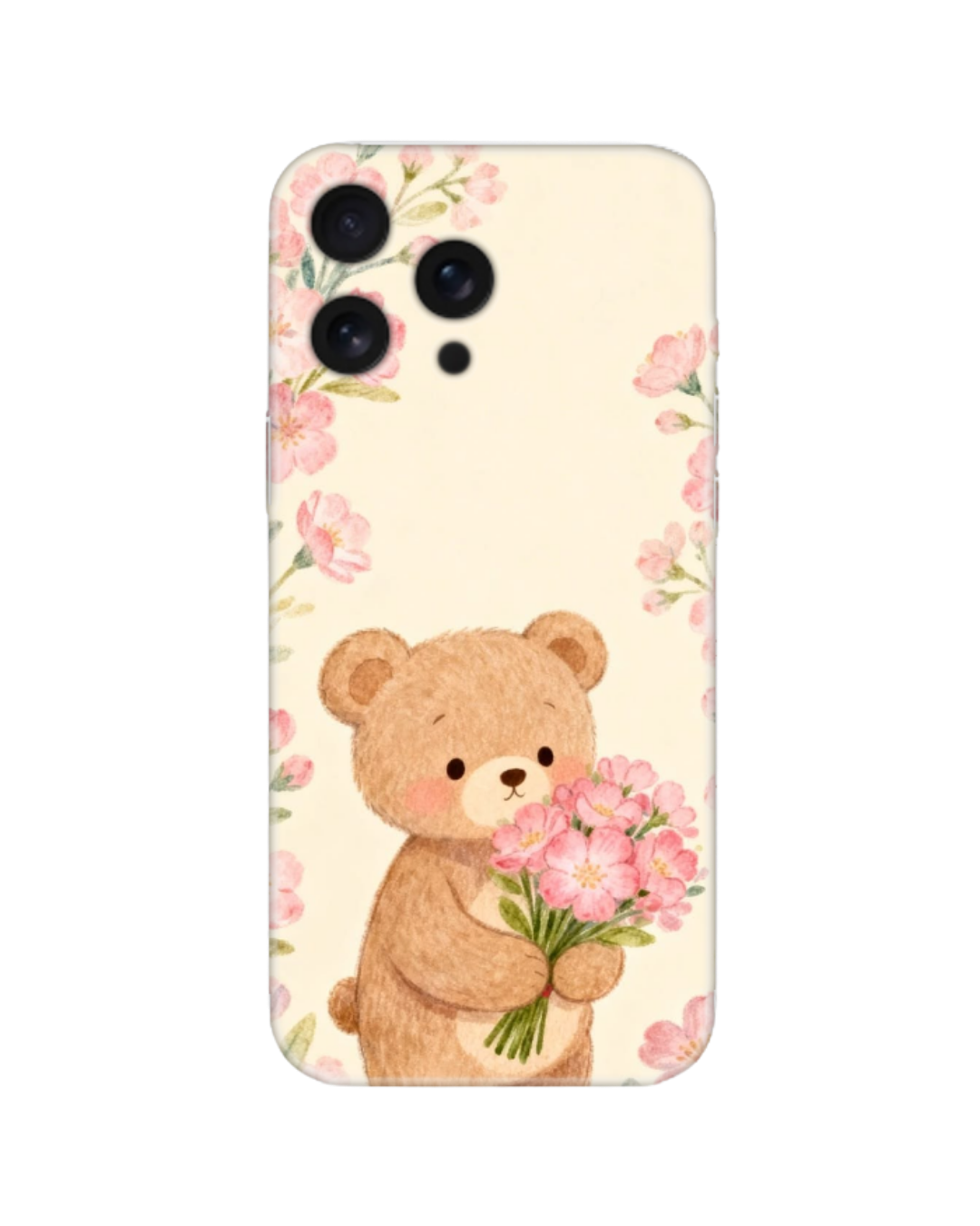Cottagecore Tarzı Kiraz Çiçeği Tutan Teddy Bear Tasarım Telefon Kılıfı (Android/IOS Uyumlu)