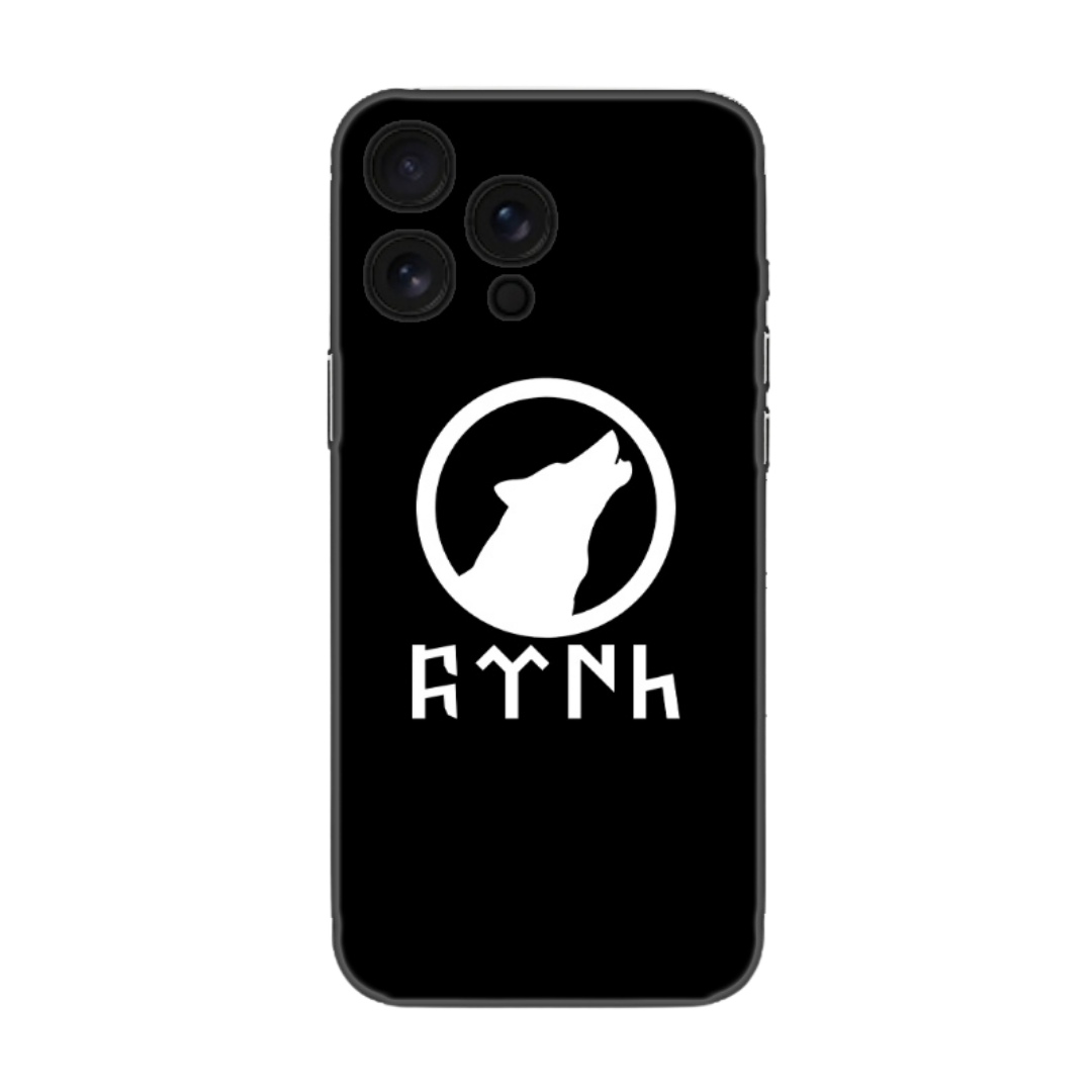 Siyah arka planlı, beyaz kurt ve runik yazı desenli telefon kılıfı