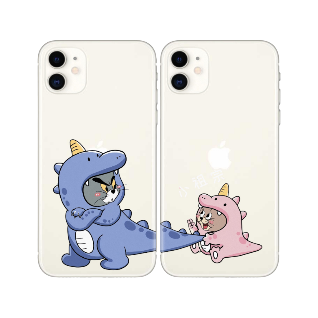 Dinozor kostümlü kedi desenli iki şeffaf iPhone telefon kılıfı