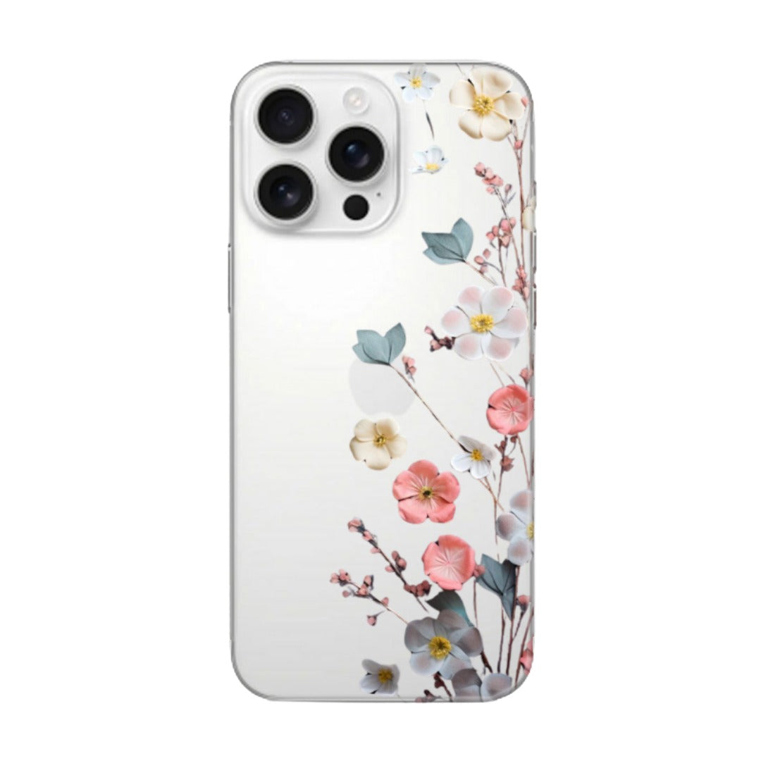 Çiçek desenli ince şeffaf iPhone telefon kılıfı, pastel renkli zarif tasarım