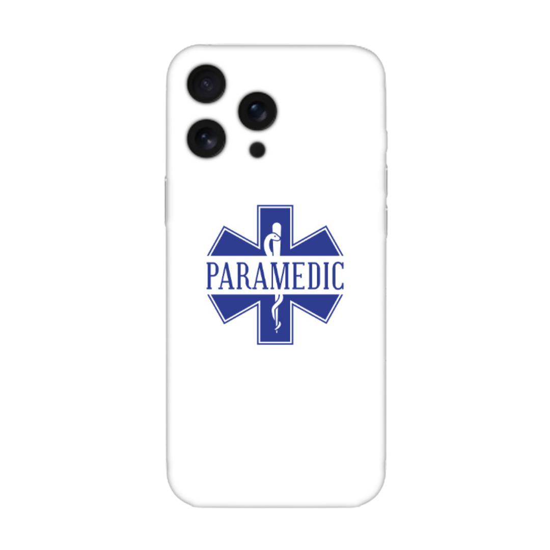 Beyaz zeminli, mavi paramedik sembollü koruyucu telefon kılıfı tasarımı.