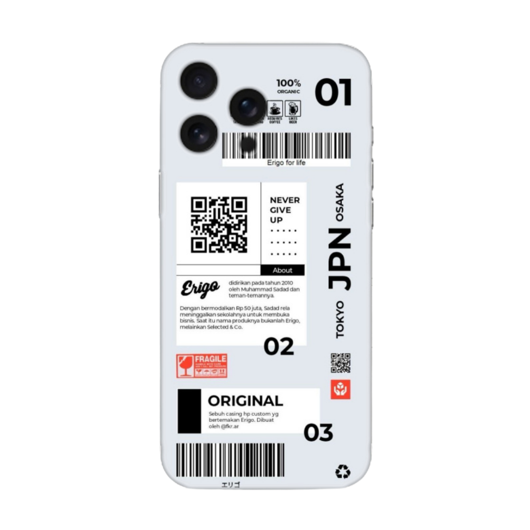 Beyaz arka planda, barkod ve yazı detaylı Tokyo Osaka temalı iPhone telefon kılıfı