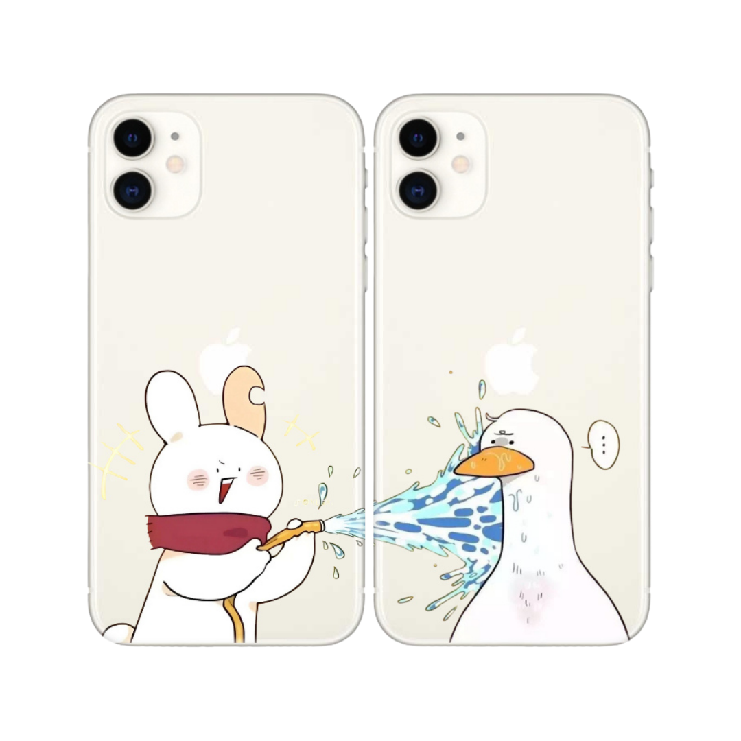 Sevimli tavşan ve ördek desenli, şeffaf iPhone telefon kılıfı ikili seti