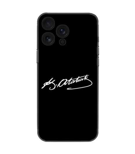 Siyah zeminli, imza desenli şık telefon kılıfı, dayanıklı ve özel tasarım.