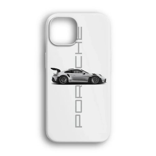 Beyaz telefon kılıfı üzerinde spor araba ve dikey Porsche yazısı tasarımı