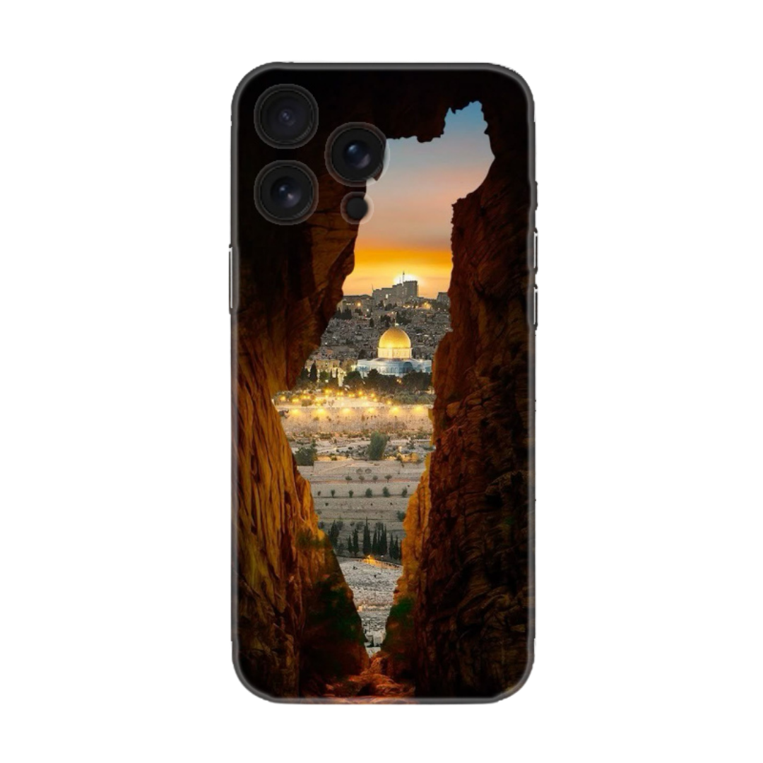 Manzara desenli, şehir ve gün batımı temalı telefon kılıfı görseli