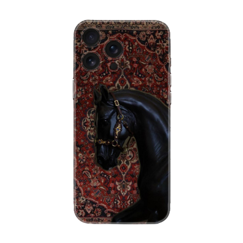 Kırmızı desenli fon üzerinde siyah at tasarımlı telefon kılıfı