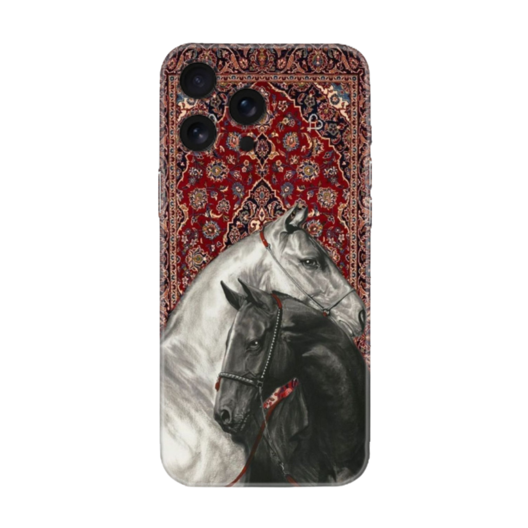 Kırmızı halı desenli, siyah ve beyaz at illüstrasyonlu şık telefon kılıfı