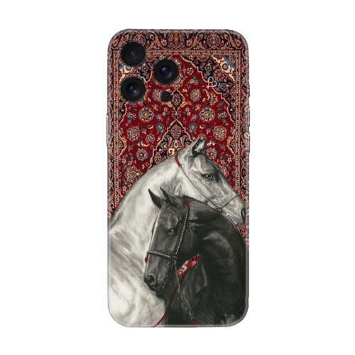 Kırmızı halı desenli, siyah ve beyaz at illüstrasyonlu şık telefon kılıfı