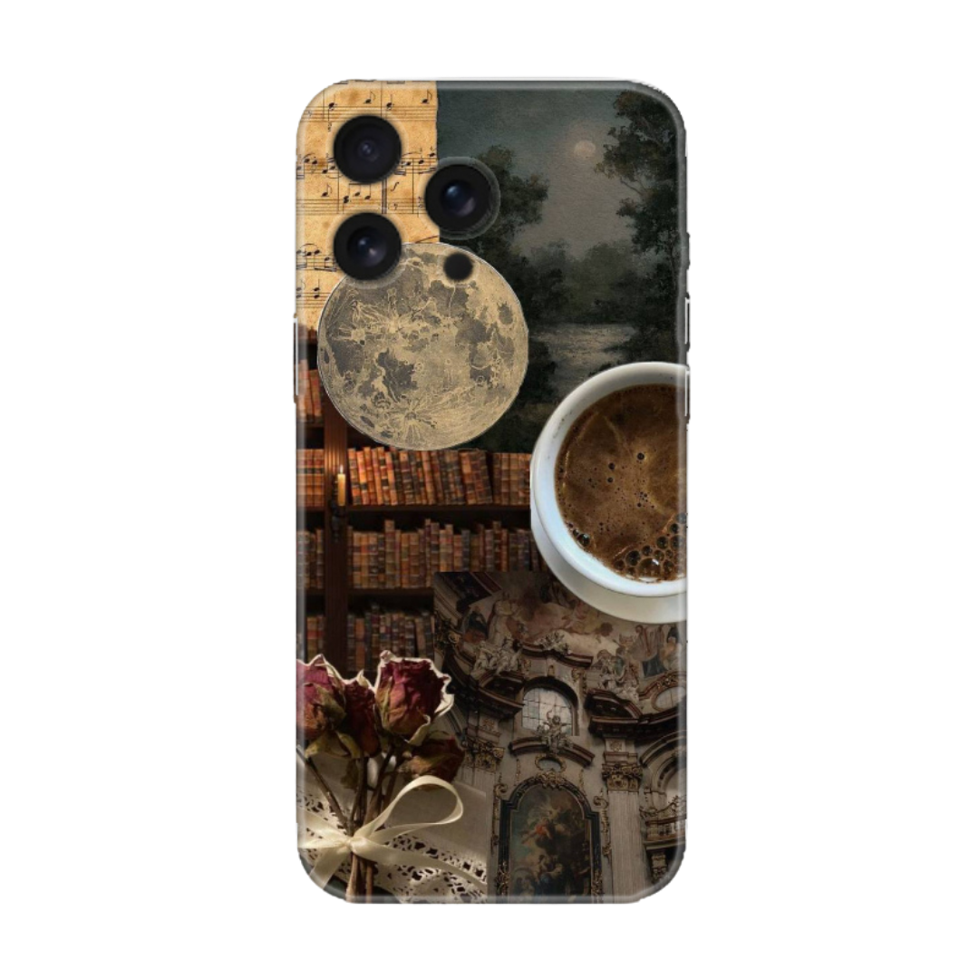 Ay, kahve, notalar, kitaplar ve kuru güller temalı estetik telefon kılıfı tasarımı