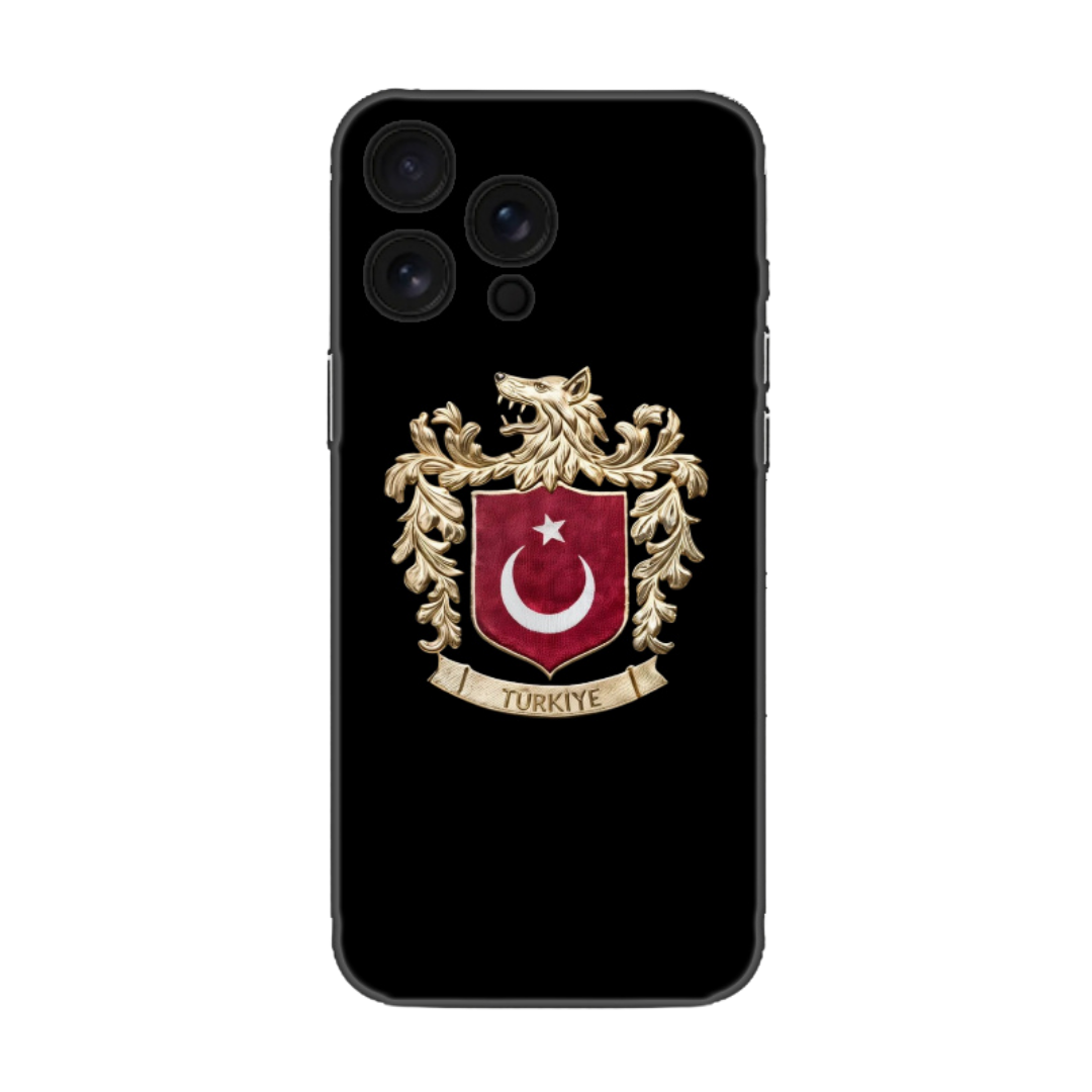 Kurt desenli Türkiye armalı siyah telefon kılıfı, şık tasarımlı koruyucu kılıf