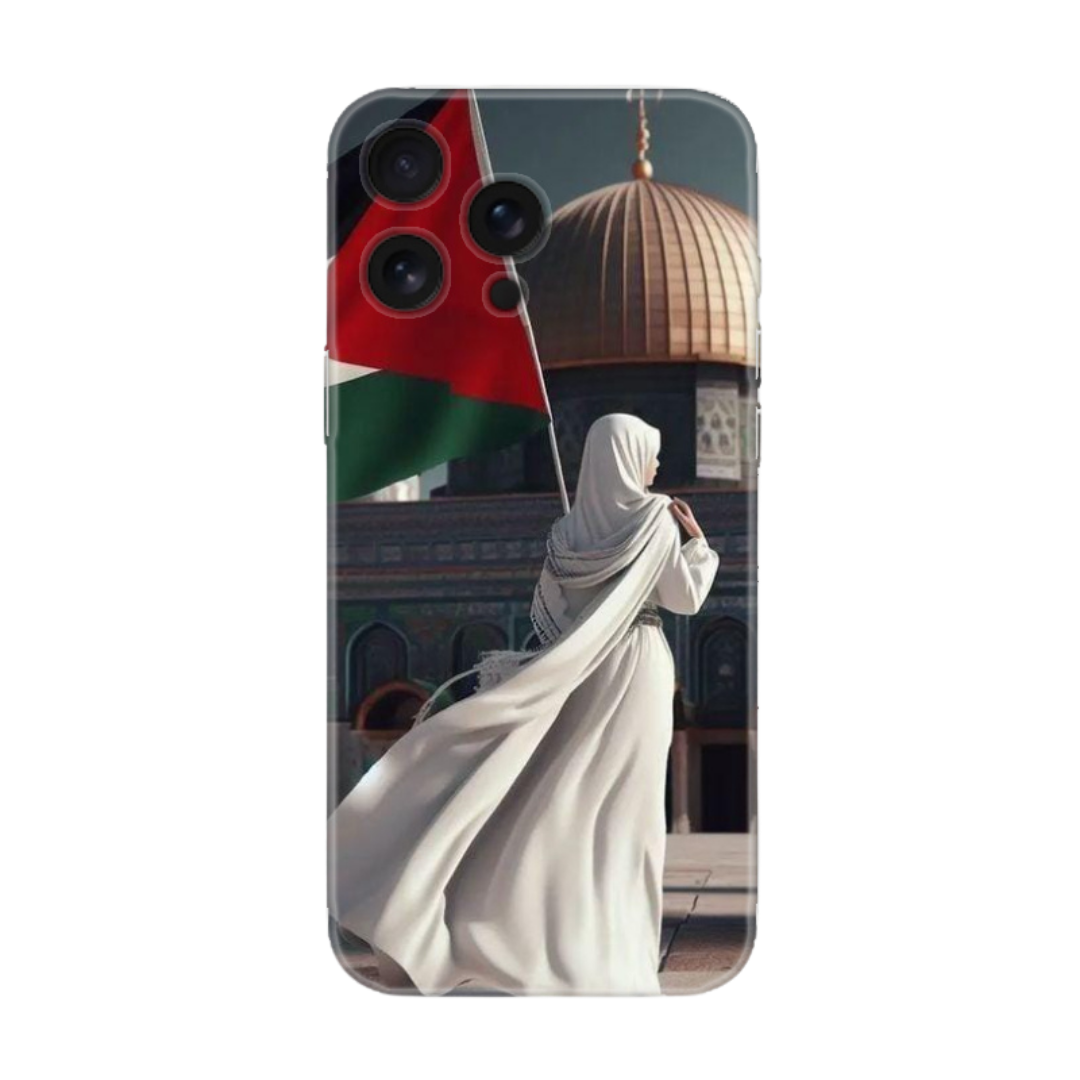 Kubbeli cami önünde Filistin bayrağı tutan kadın tasarımlı telefon kılıfı