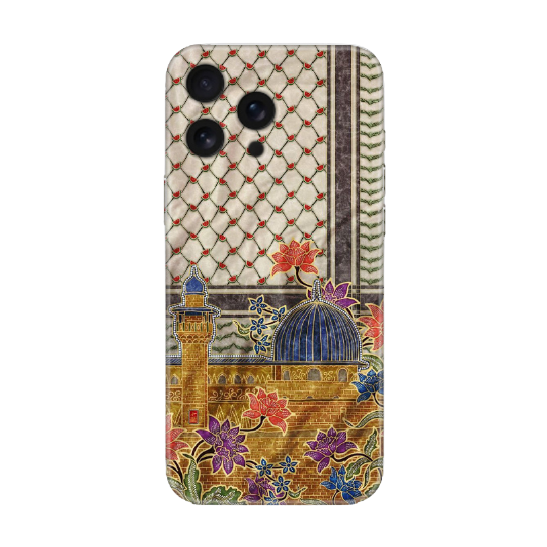 Çiçek ve cami desenli, renkli iPhone telefon kılıfı, özgün tasarımlı koruyucu kapak