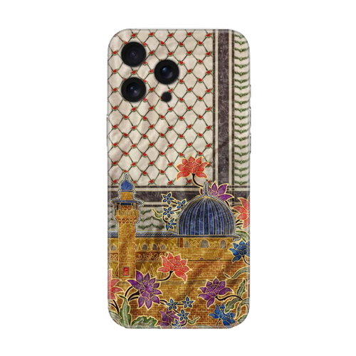Çiçek ve cami desenli, renkli iPhone telefon kılıfı, özgün tasarımlı koruyucu kapak