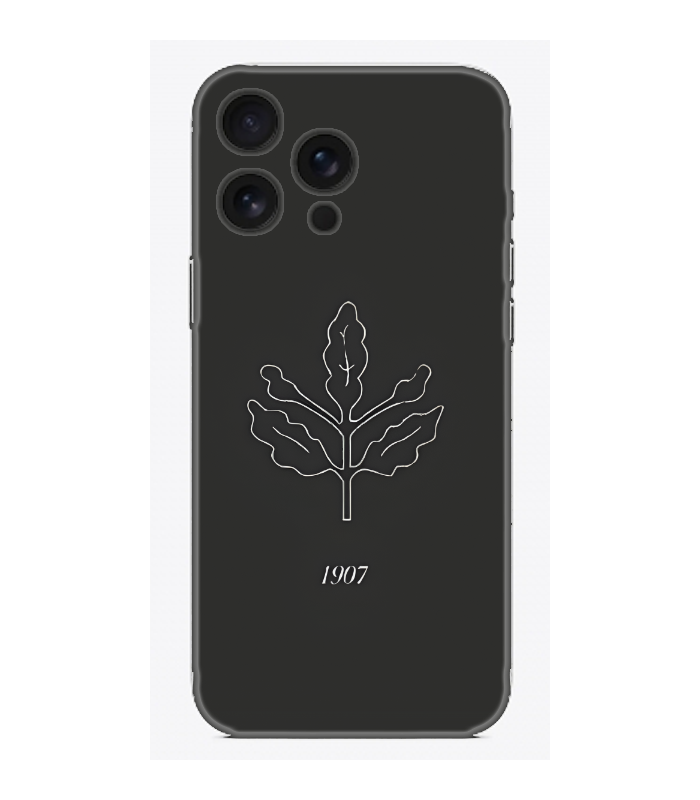 Siyah arka planlı, beyaz yaprak çizimli ve 1907 yazılı telefon kılıfı