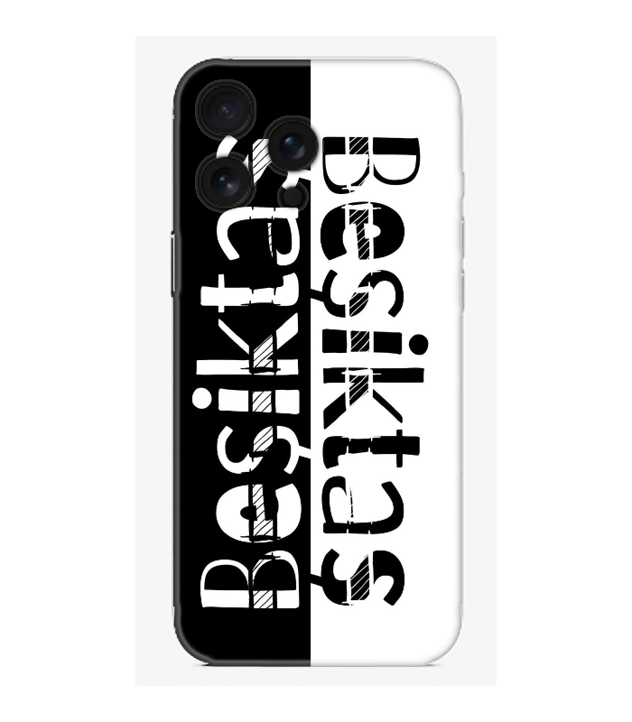 Siyah beyaz Besiktas yazılı, arka kısmı ikiye bölünmüş desenli telefon kılıfı