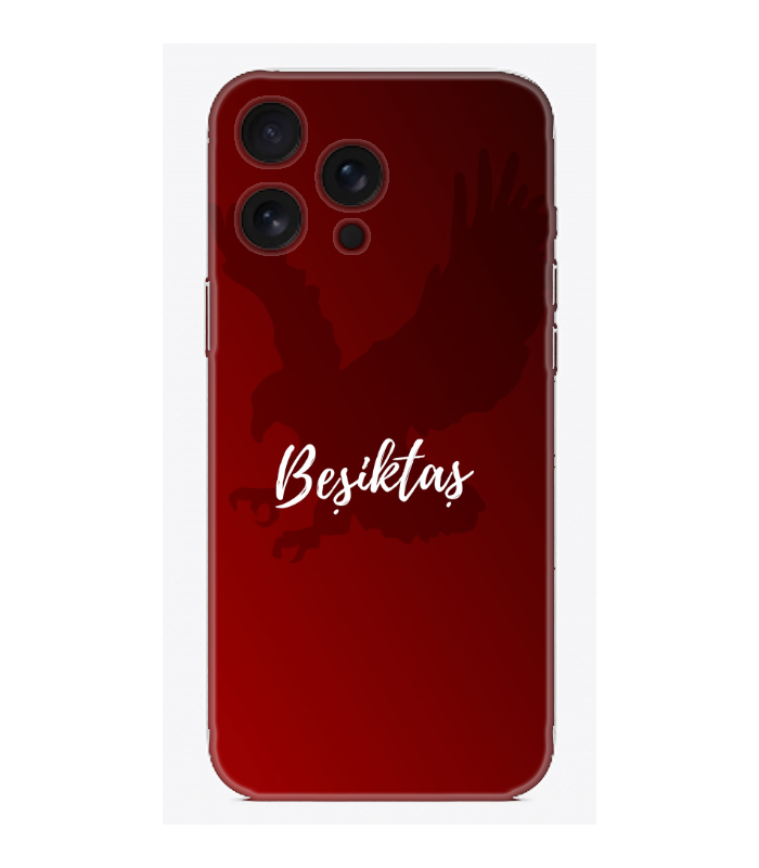 Kırmızı zeminli, siyah kartal ve beyaz Beşiktaş yazılı telefon kılıfı