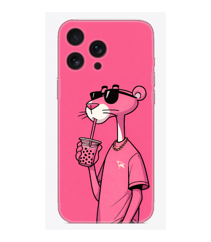 Pembe panter figürlü, modern tasarımlı pembe arka kapak telefon kılıfı