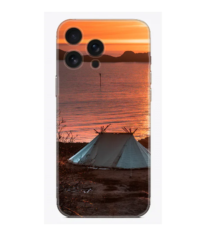 Gün batımı ve göl manzaralı, çadır desenli iPhone telefon kılıfı