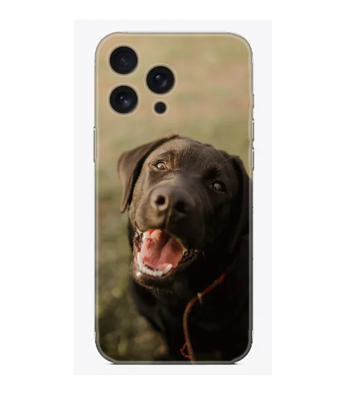 Siyah labrador köpek baskılı şeffaf telefon kılıfı, kişiye özel tasarım.