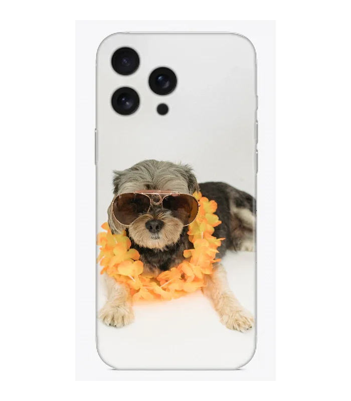 Sarı çiçekli tasmaya ve güneş gözlüğüne sahip köpek baskılı telefon kılıfı