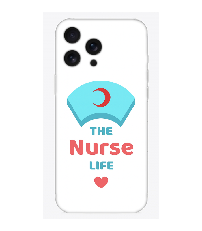Hemşire temalı, The Nurse Life yazılı beyaz telefon kılıfı, mavi şapka ve kırmızı kalp desenli